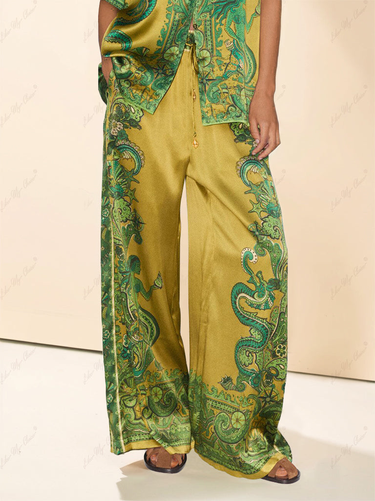 Exquisite Satin Unique Floral Print Wide Leg Pants