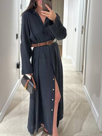 Lapel Loose Shirt Dress(Belt not included)