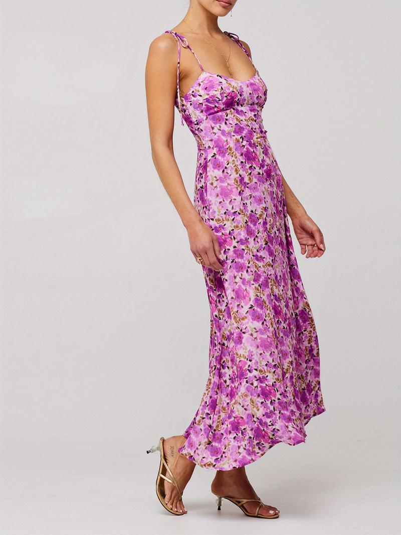 Sleeveless Spaghetti Strap Cross Tie-up Front Floral Print Midi Dress