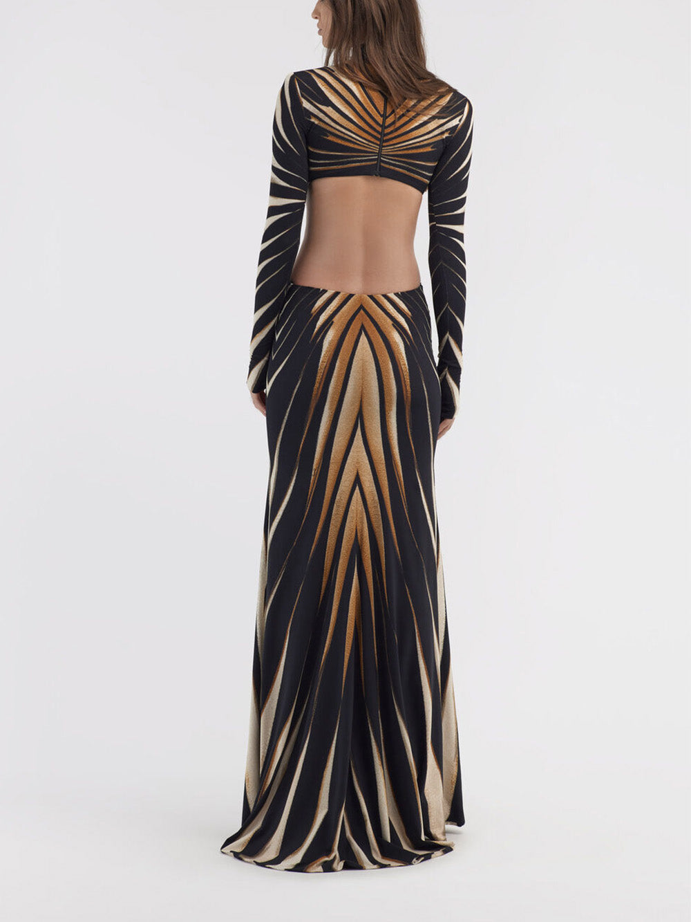 Robe longue en maille ajourée à imprimé doré