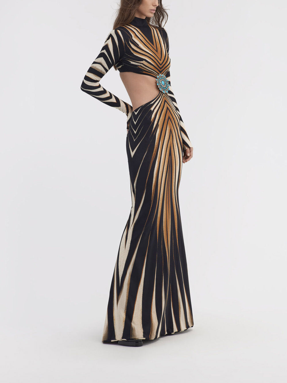 Robe longue en maille ajourée à imprimé doré