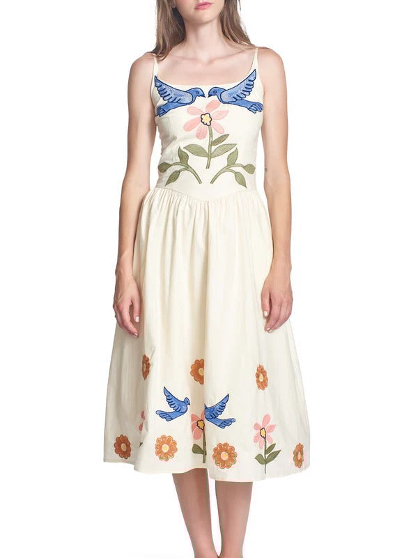 Embroidered Printed Suspenders Pleated Holiday Midi Dress