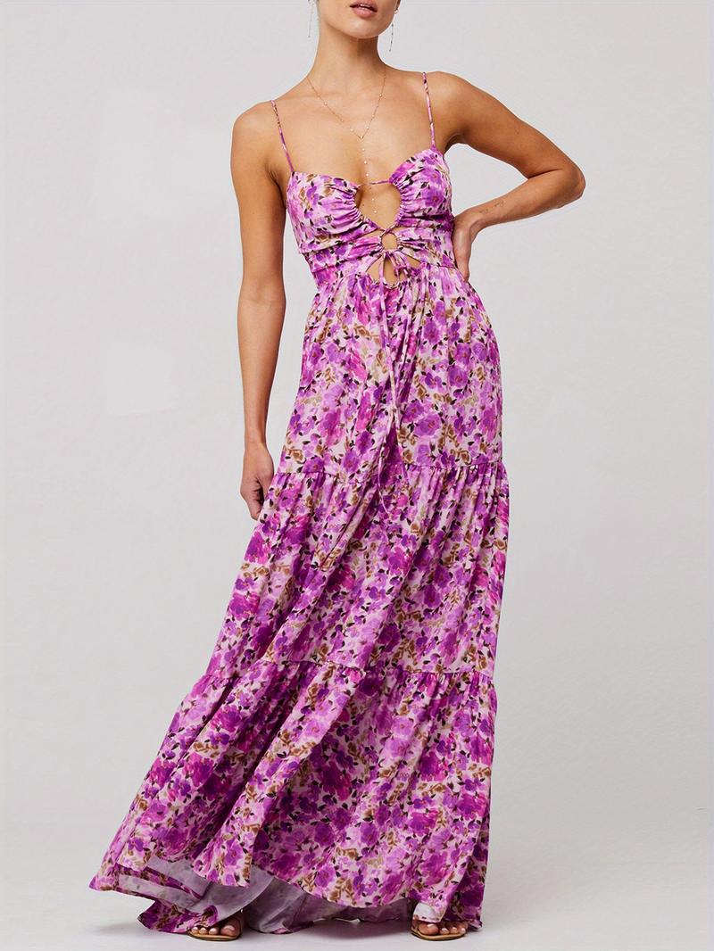Sleeveless Spaghetti Strap Cross Tie-up Front Floral Print Midi Dress
