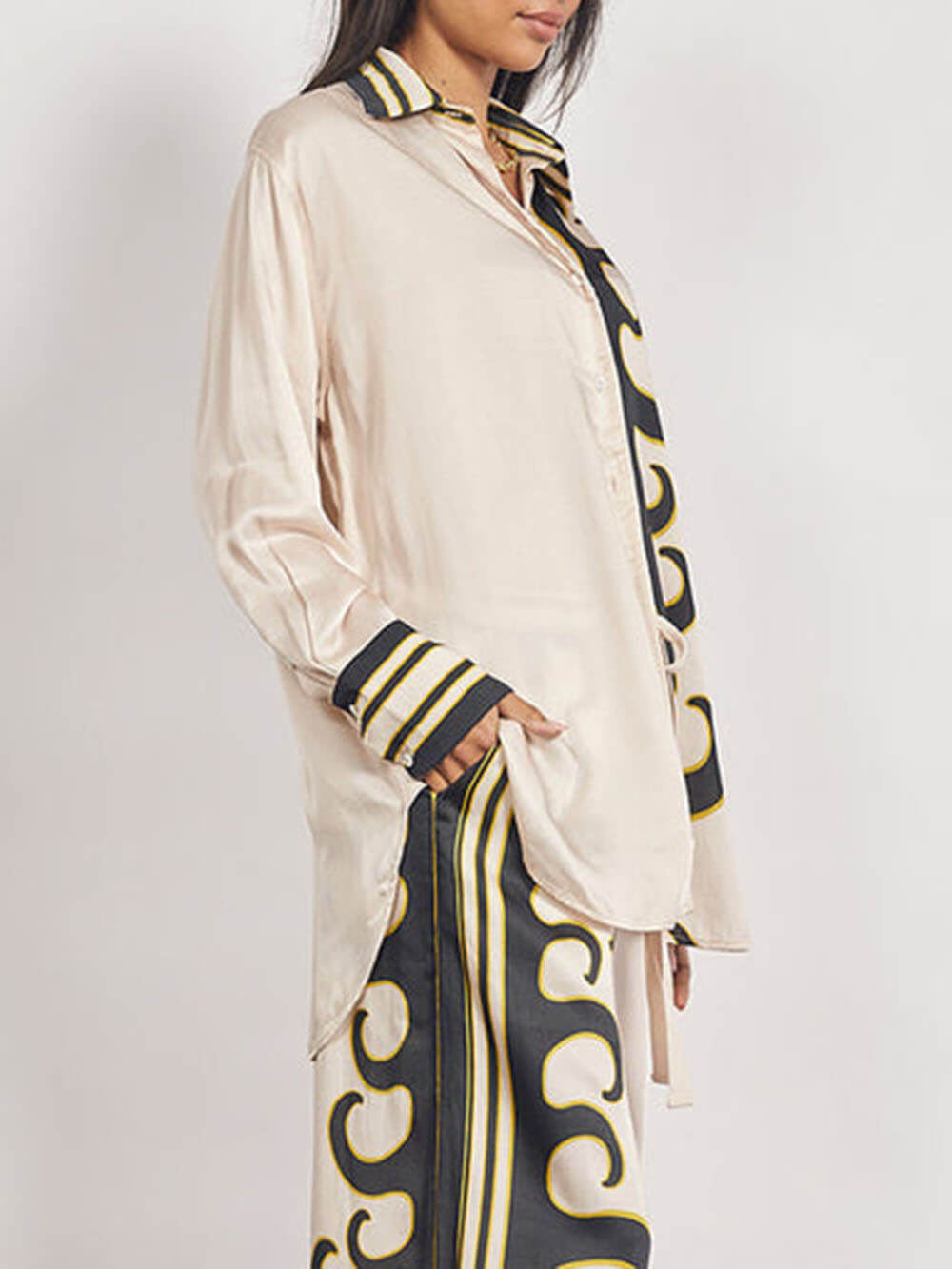 Modern Satin Unique Print Drawstring Elastic Waist Pocket Wide Leg Pants