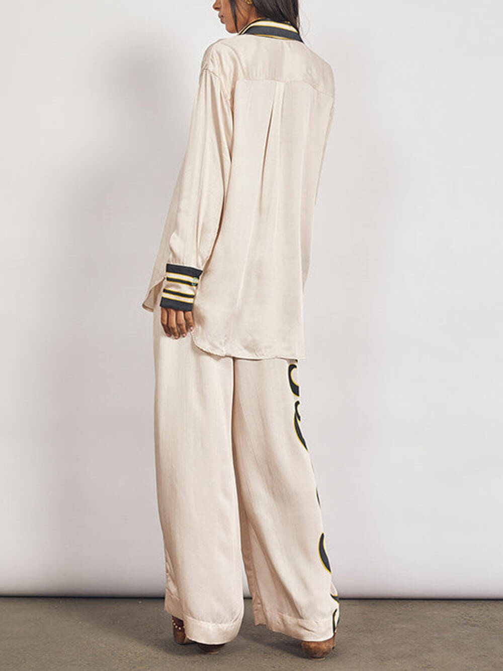 Modern Satin Unique Print Drawstring Elastic Waist Pocket Wide Leg Pants
