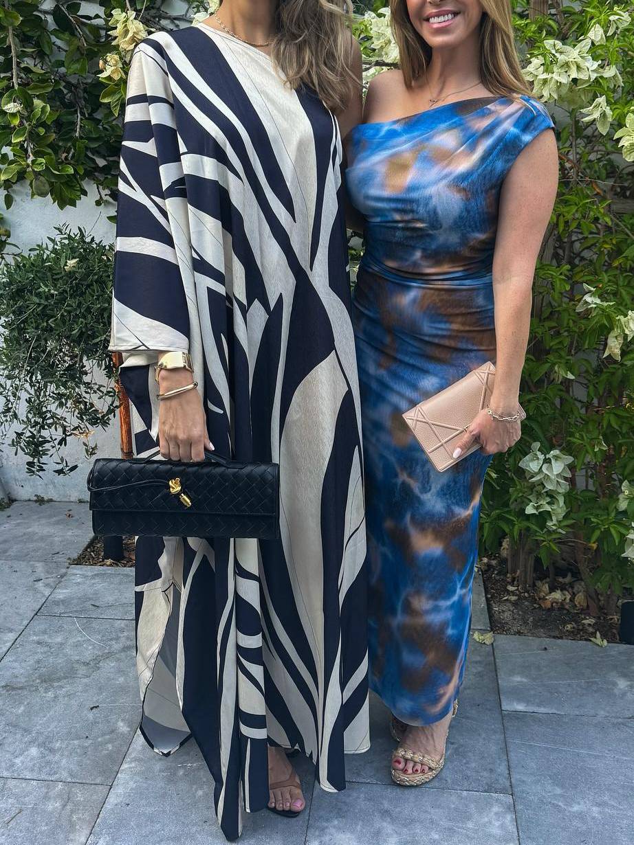 Oblique Shoulder Print Maxi Dress