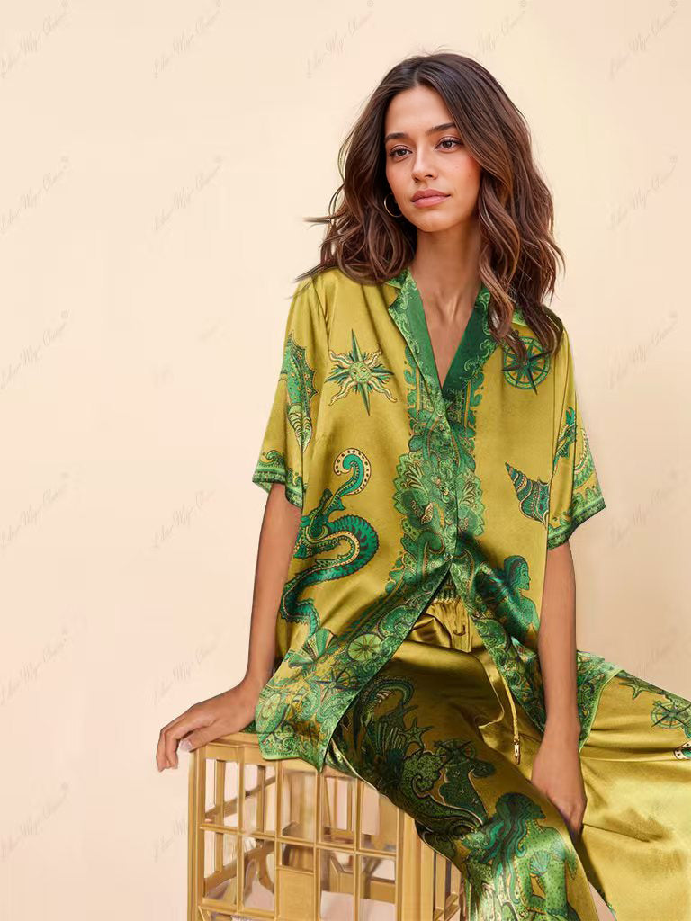 Exquisite Satin Unique Floral Print Button Down Loose Shirt