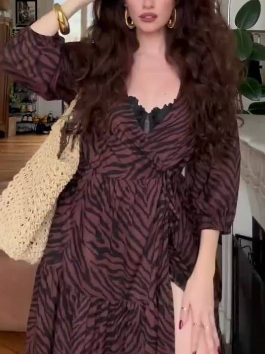 Zebra Print Lace-Up Midi Dress
