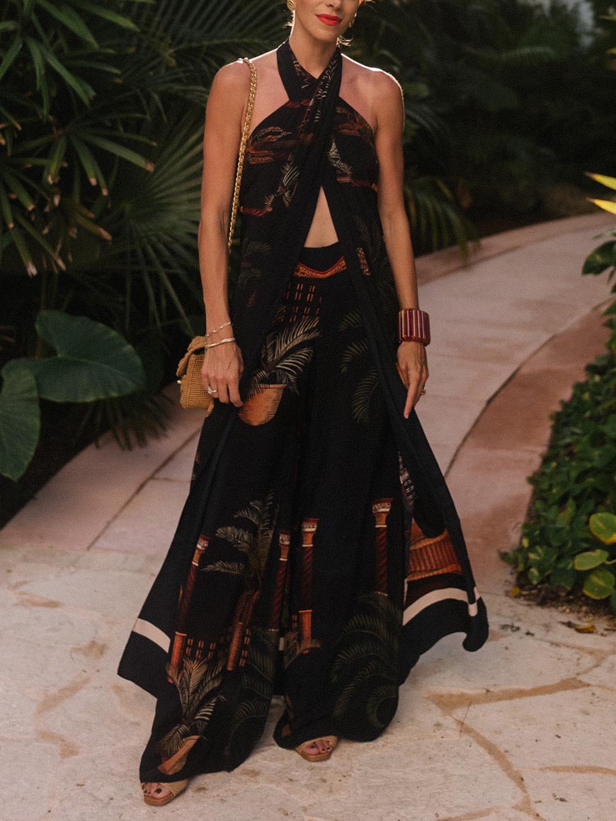 Exquisite Open Back Paulownia Palm Print Satin Two Piece Suit