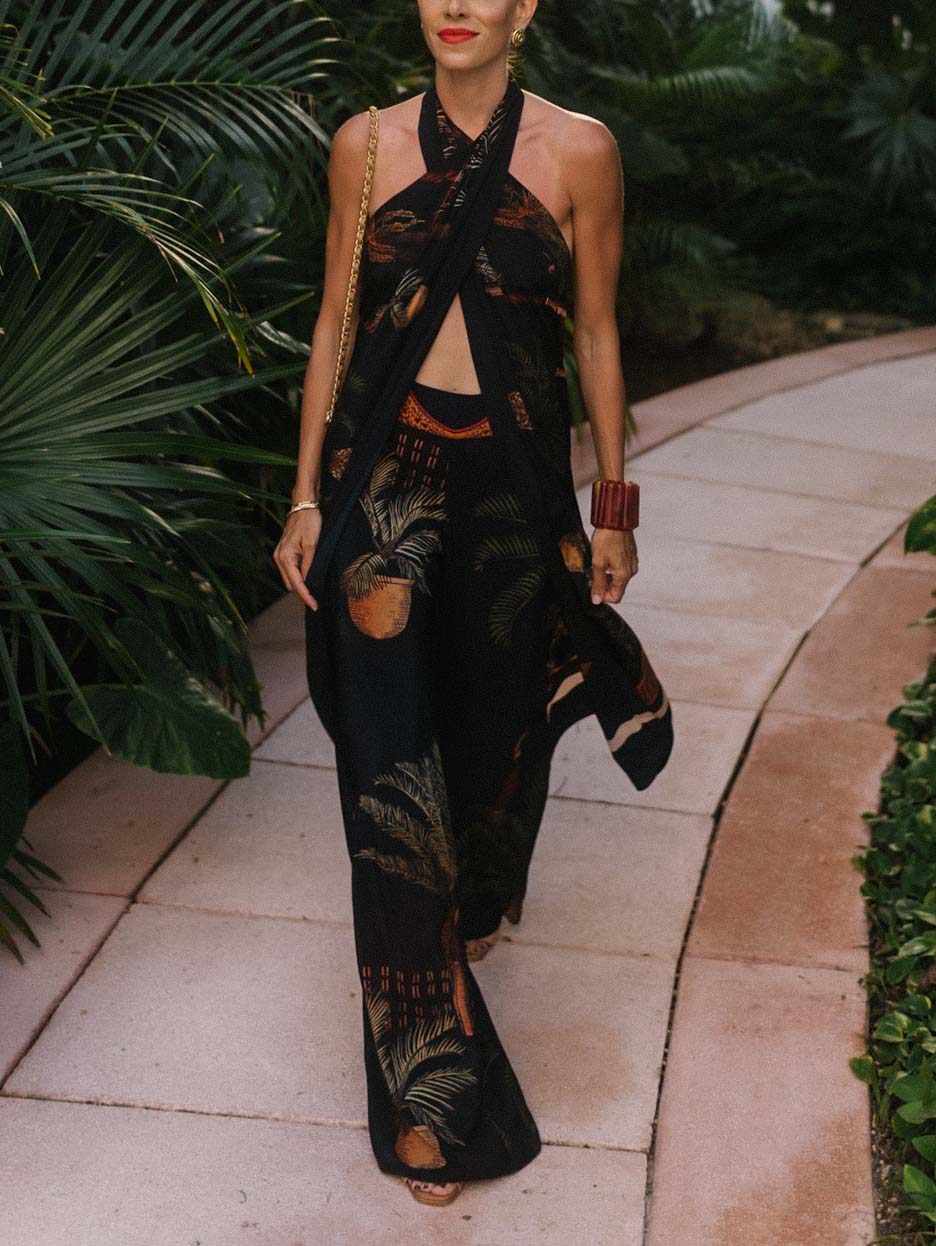 Exquisite Open Back Paulownia Palm Print Satin Two Piece Suit