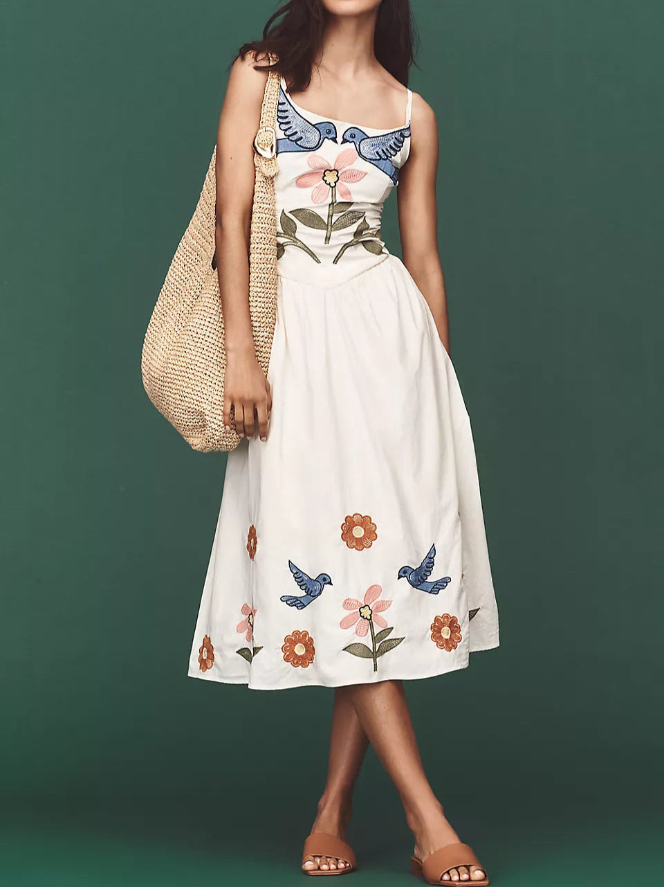 Embroidered Printed Suspenders Pleated Holiday Midi Dress
