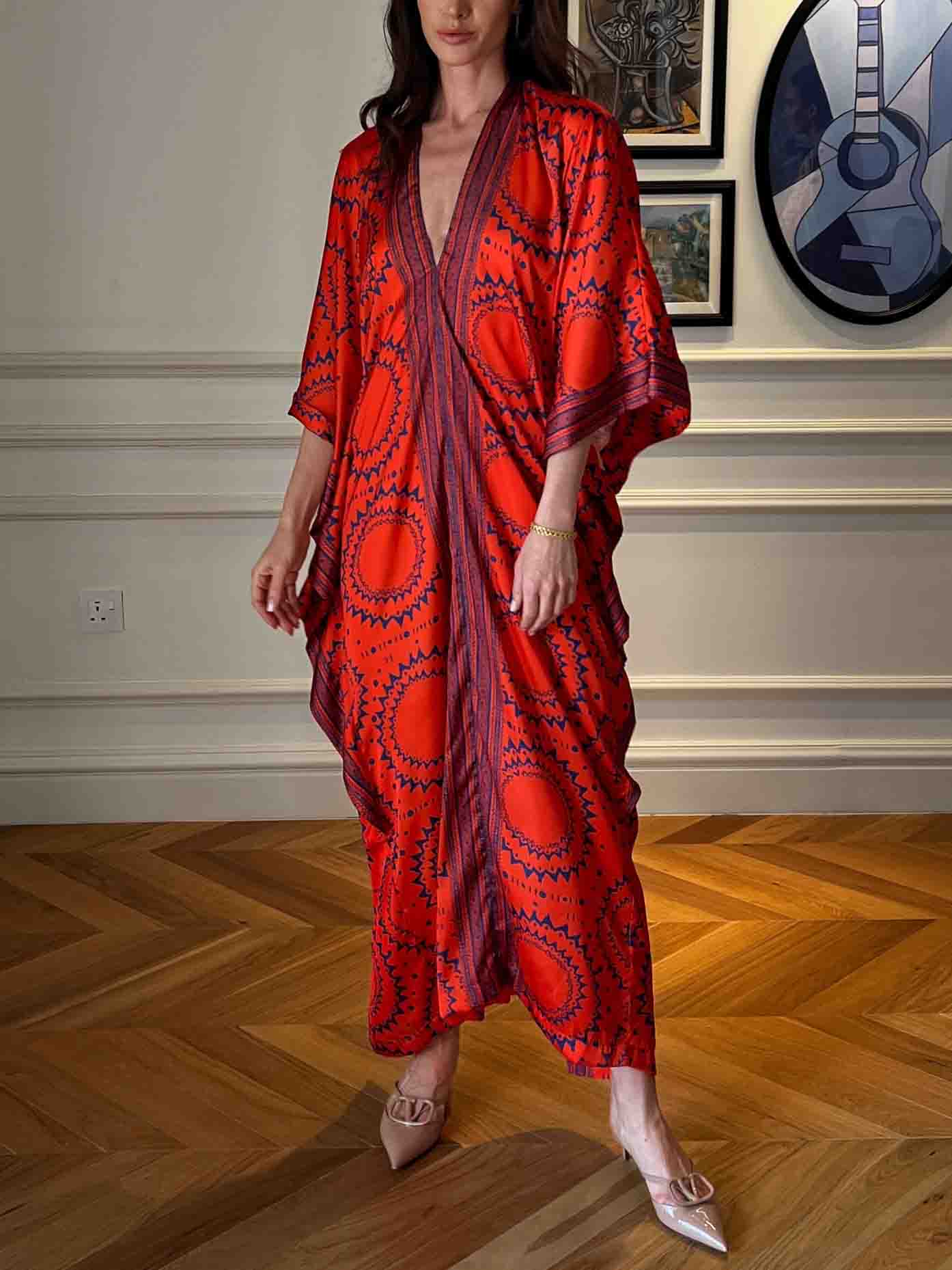 Exquisite Satin Retro Ethnic Style Printed Robe Maxi Dress