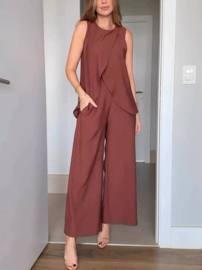 Slit Vest And Wide Leg Pants Suit