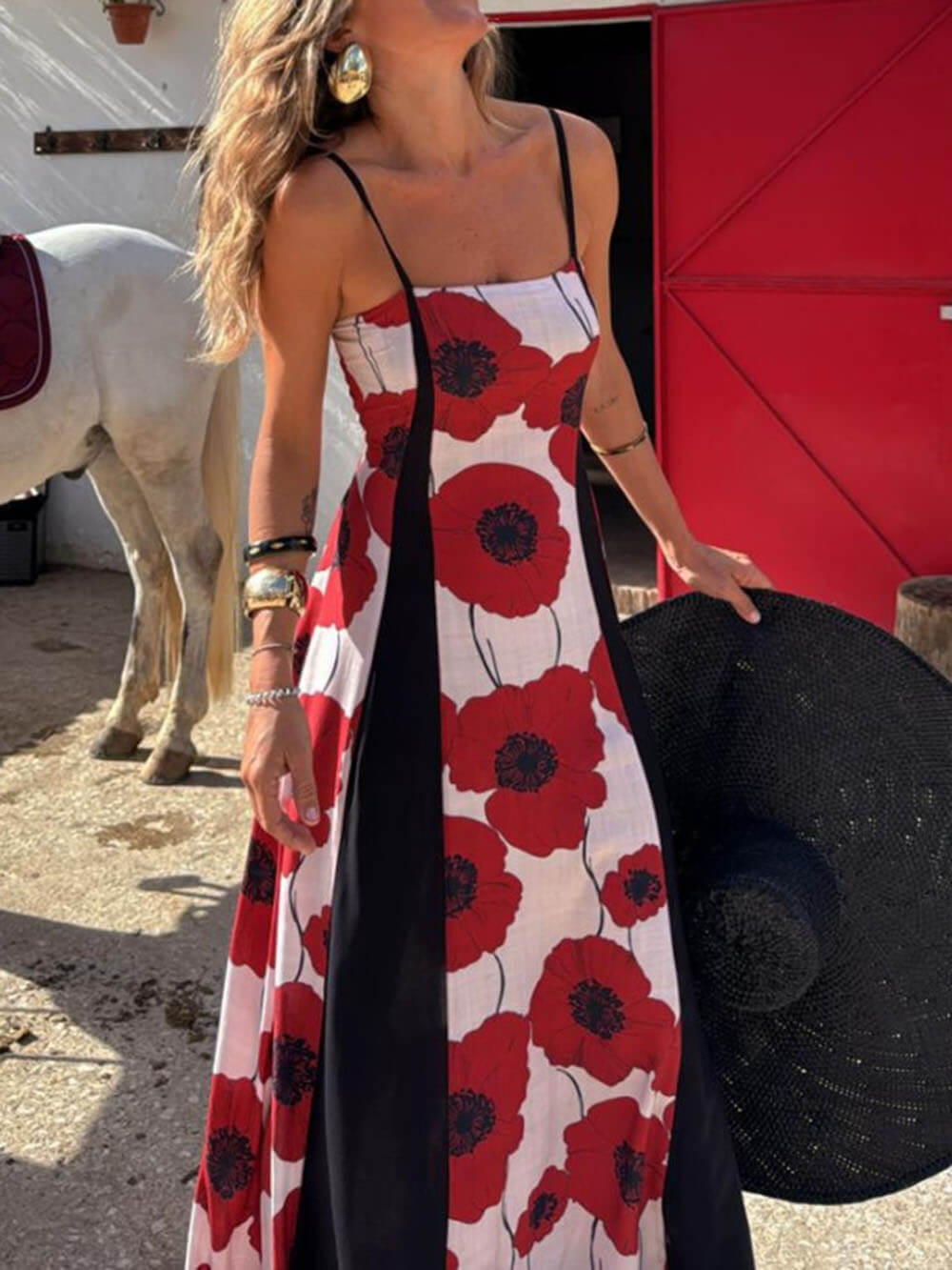Vestido largo de patchwork con estampado único de amapolas