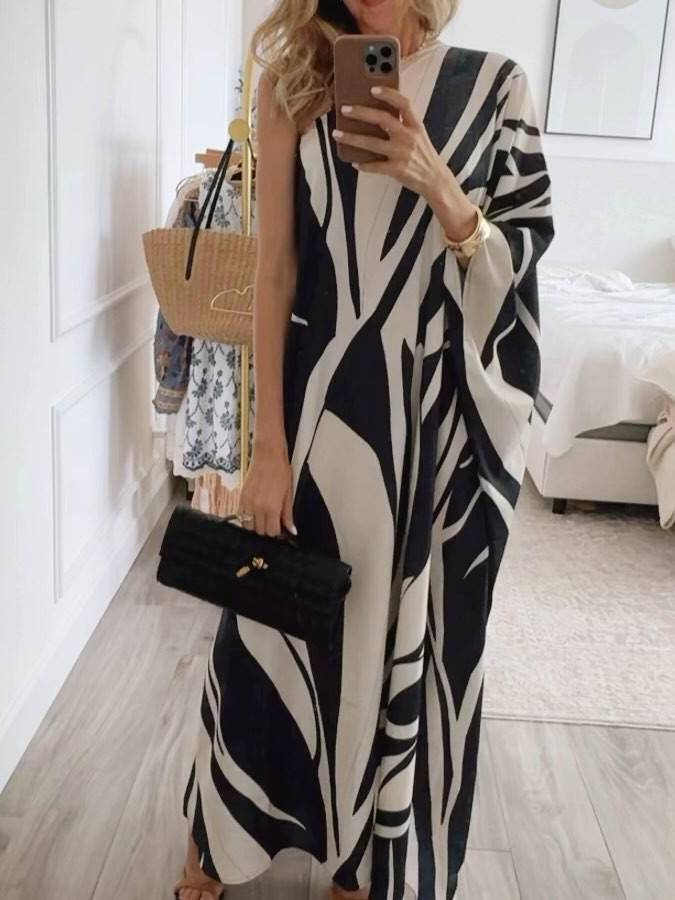 Oblique Shoulder Print Maxi Dress