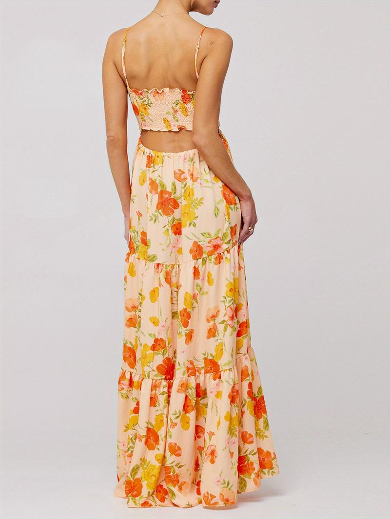 Sleeveless Spaghetti Strap Cross Tie-up Front Floral Print Midi Dress