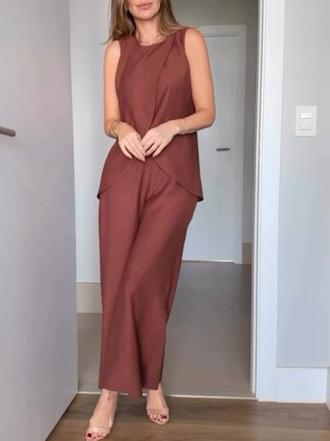 Slit Vest And Wide Leg Pants Suit