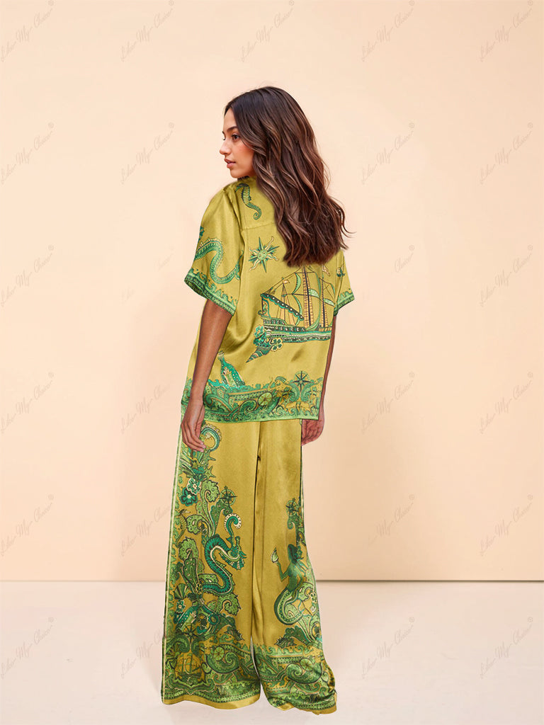 Exquisite Satin Unique Floral Print Button Down Loose Shirt