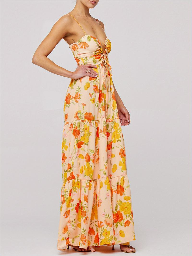 Sleeveless Spaghetti Strap Cross Tie-up Front Floral Print Midi Dress