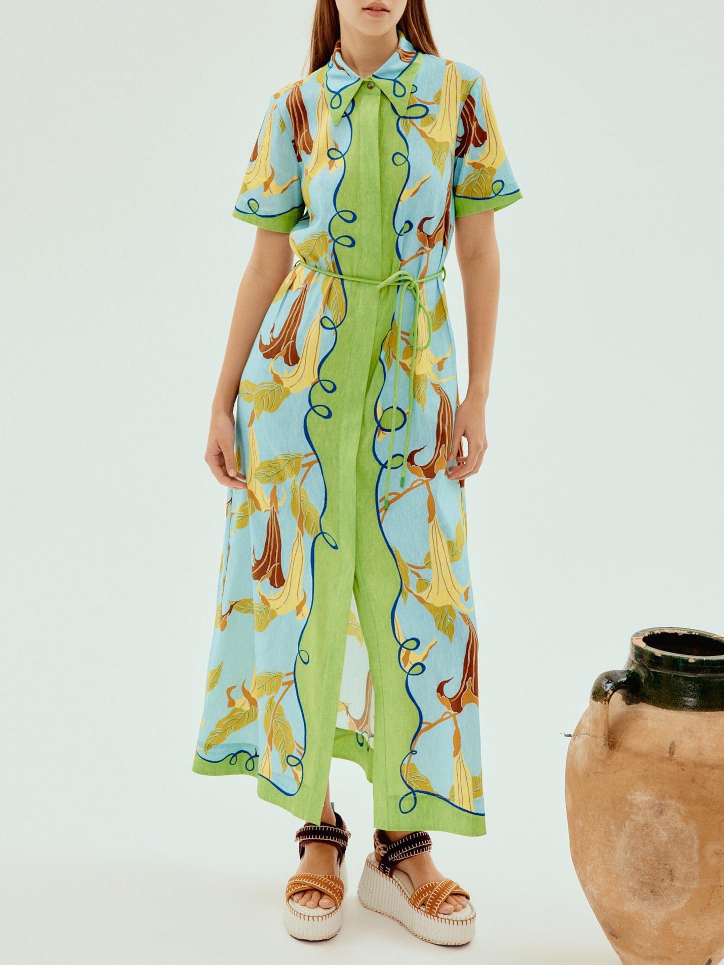 Unique Morning Glory Print Single Breasted Midi Dress