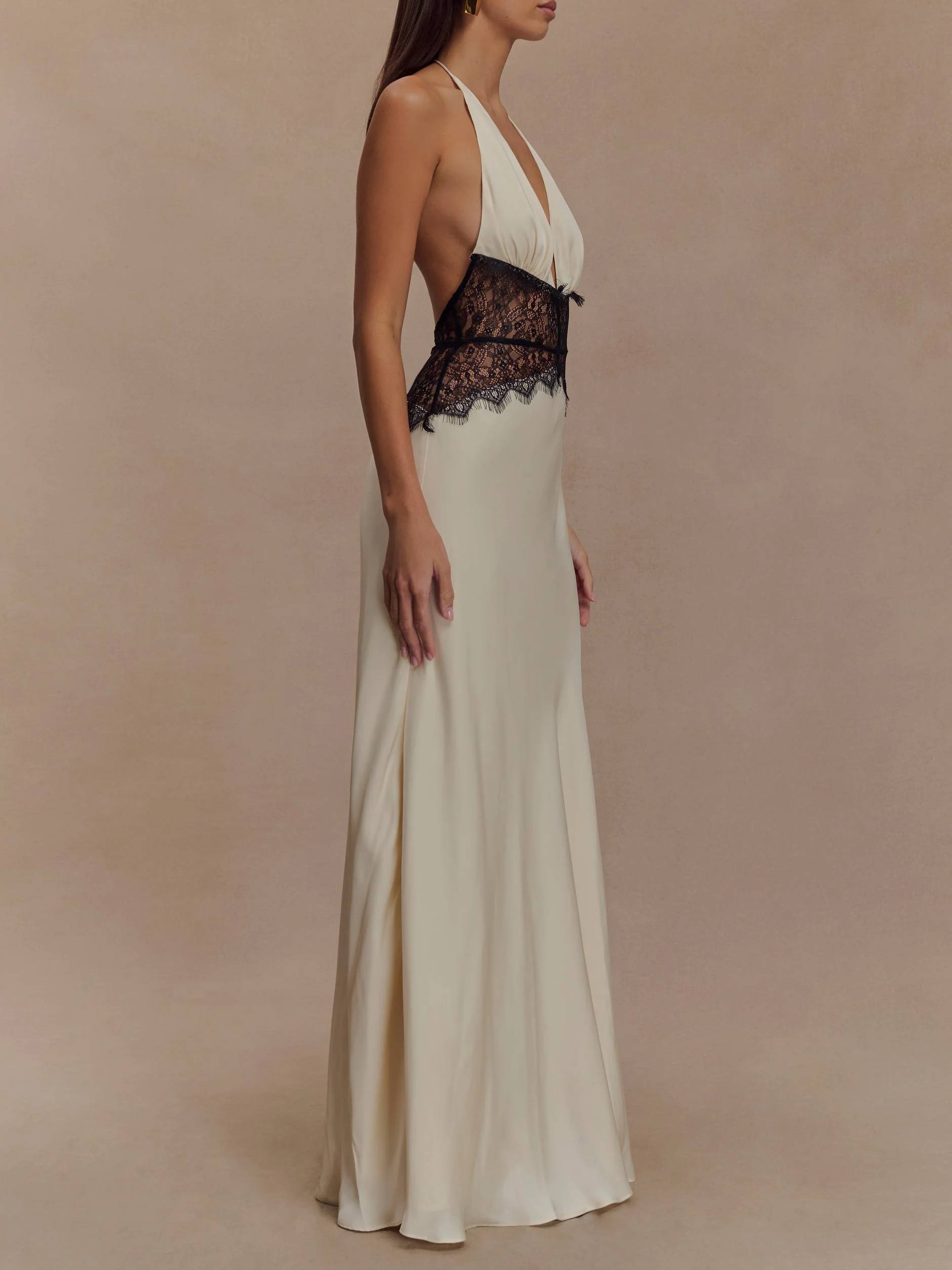 Halter Neck Lace Stitching Maxi Dress