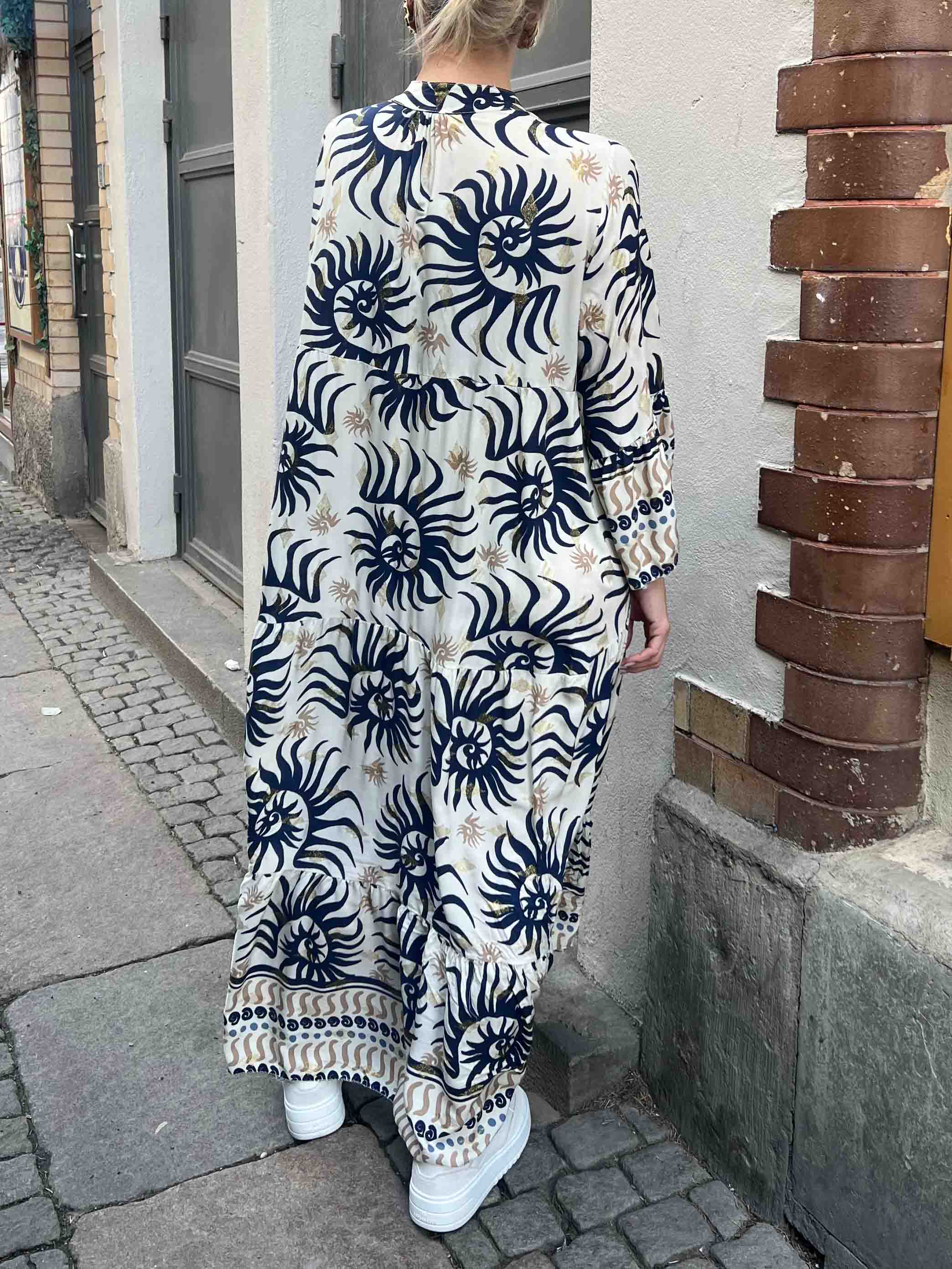 Casual Ethnic Print Trumpet Sleeve Maxi Dress