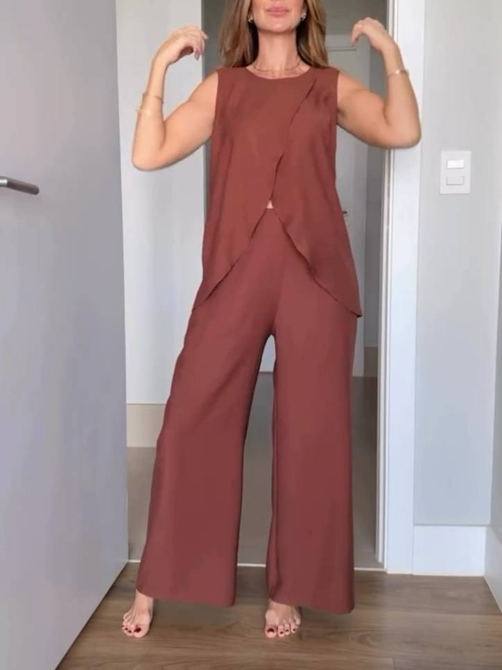 Slit Vest And Wide Leg Pants Suit