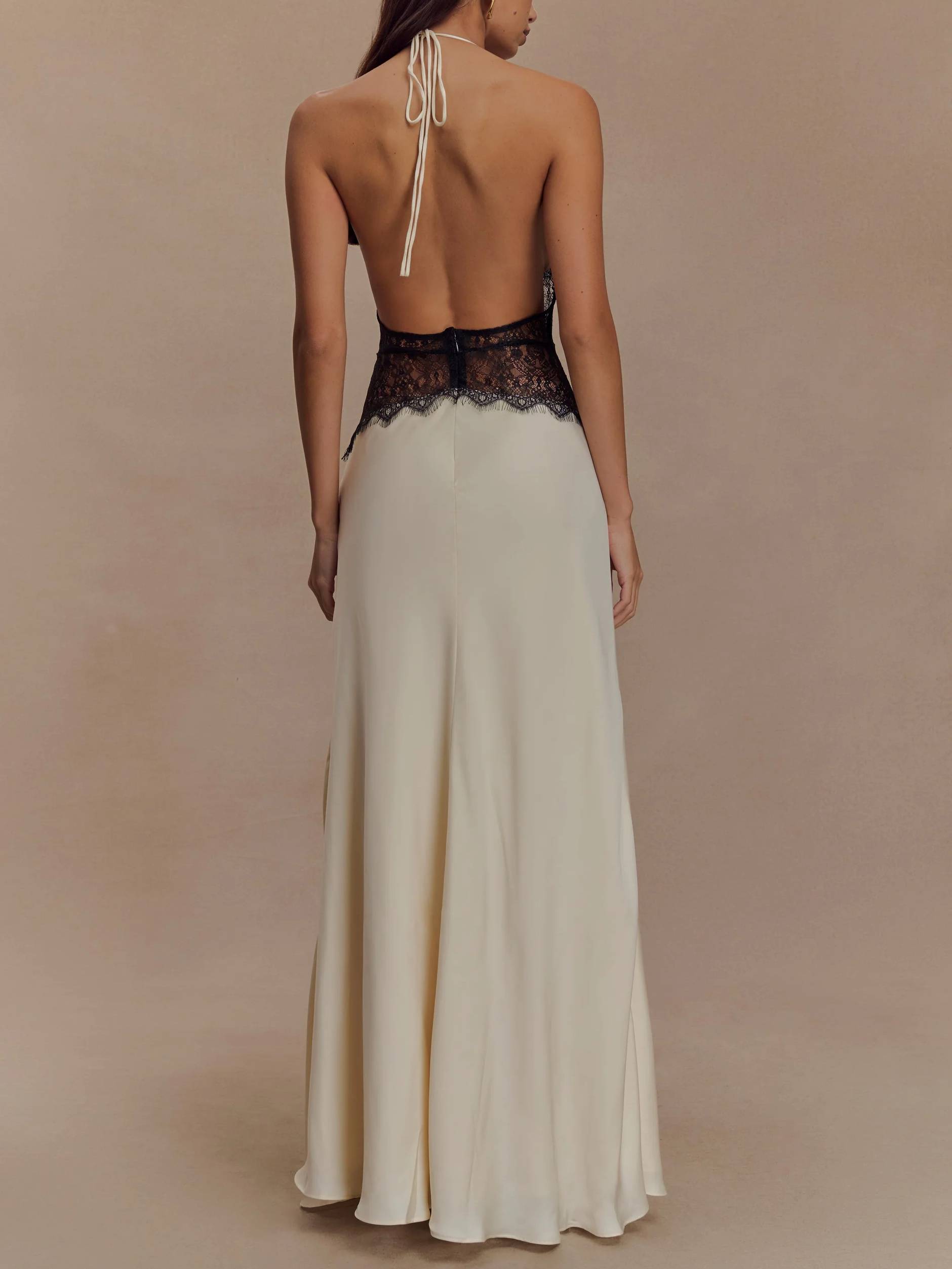 Halter Neck Lace Stitching Maxi Dress