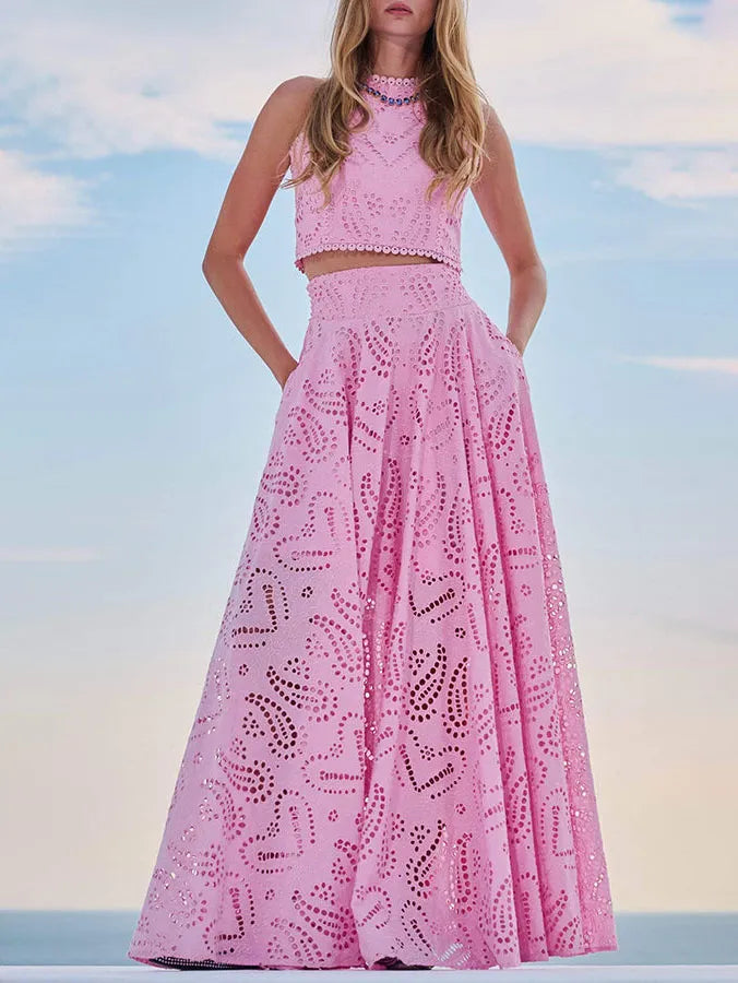 Exquisite Sleeveless Embroidered Hollow Lace Top & skirt