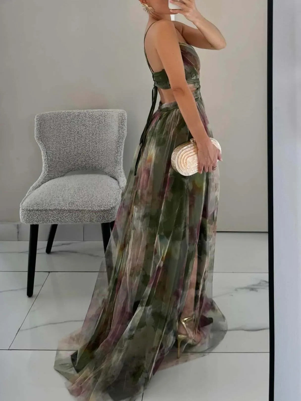 Robe longue trapèze élégante à imprimé floral peint et col en V