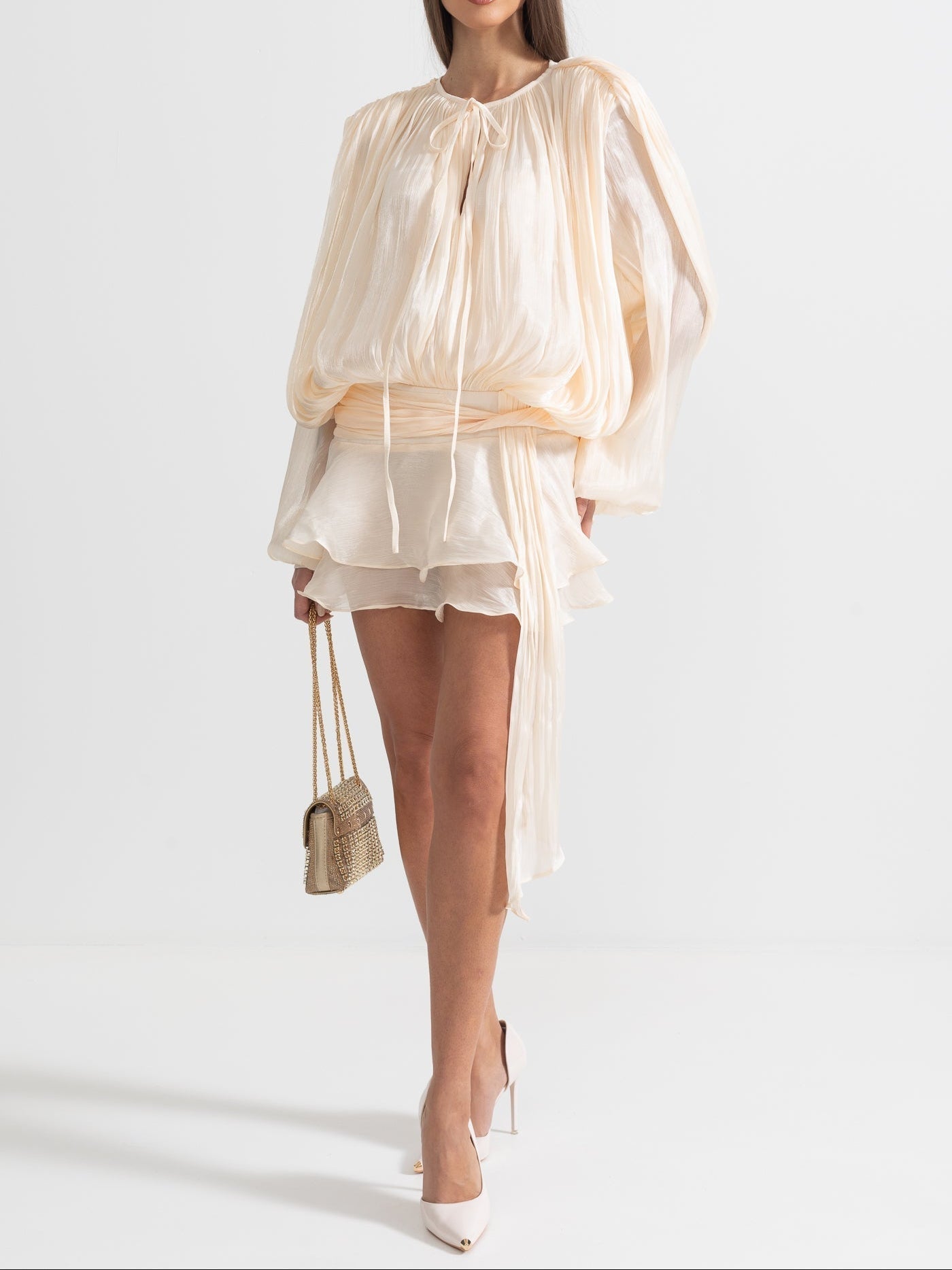 Ruffled Long Sleeved Mini Dress With Flowing Silhouette