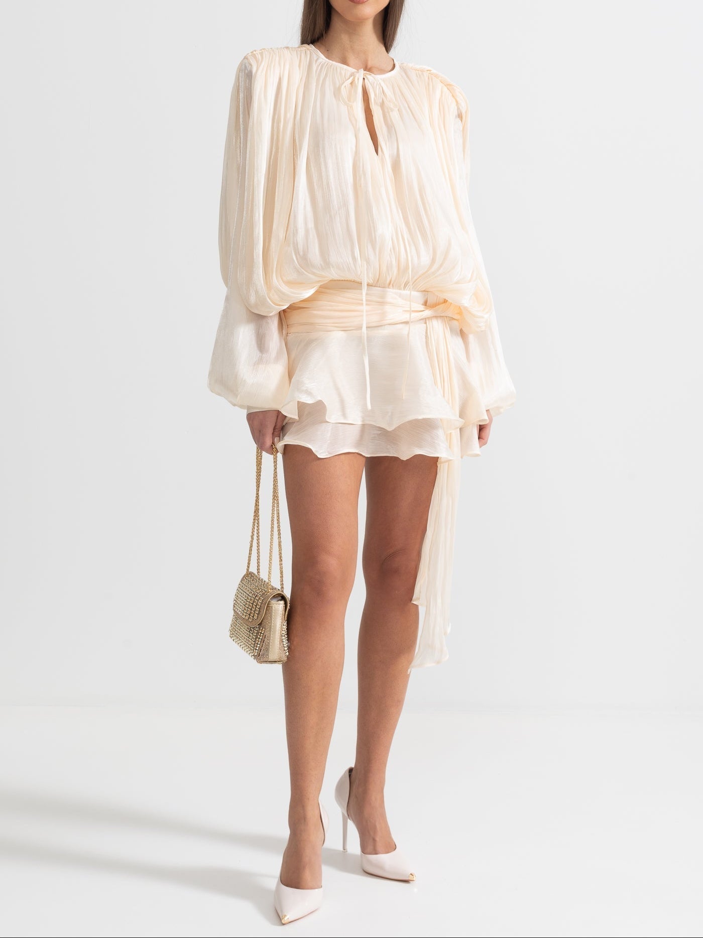 Ruffled Long Sleeved Mini Dress With Flowing Silhouette
