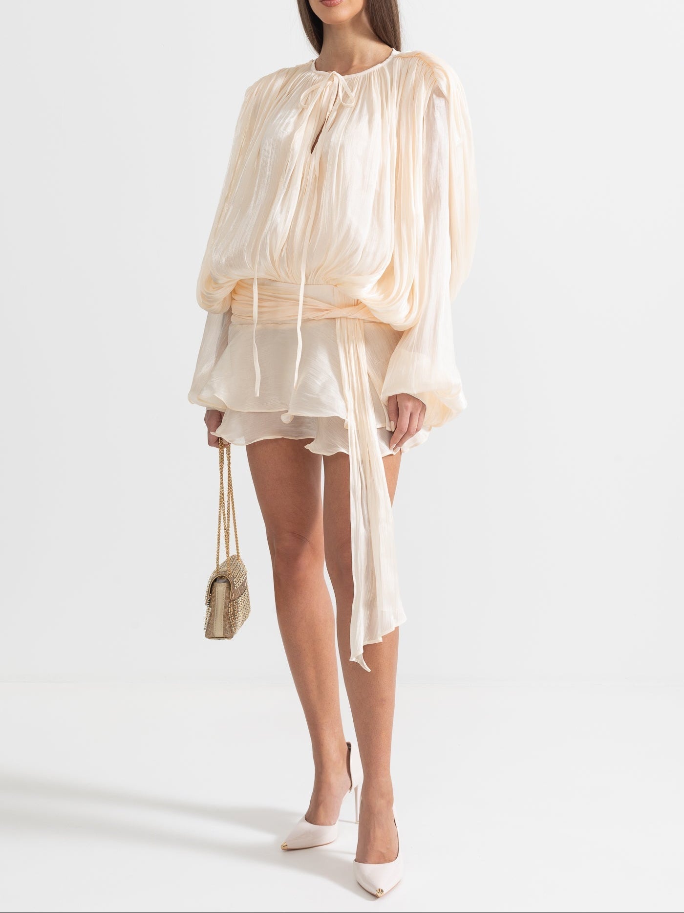 Ruffled Long Sleeved Mini Dress With Flowing Silhouette