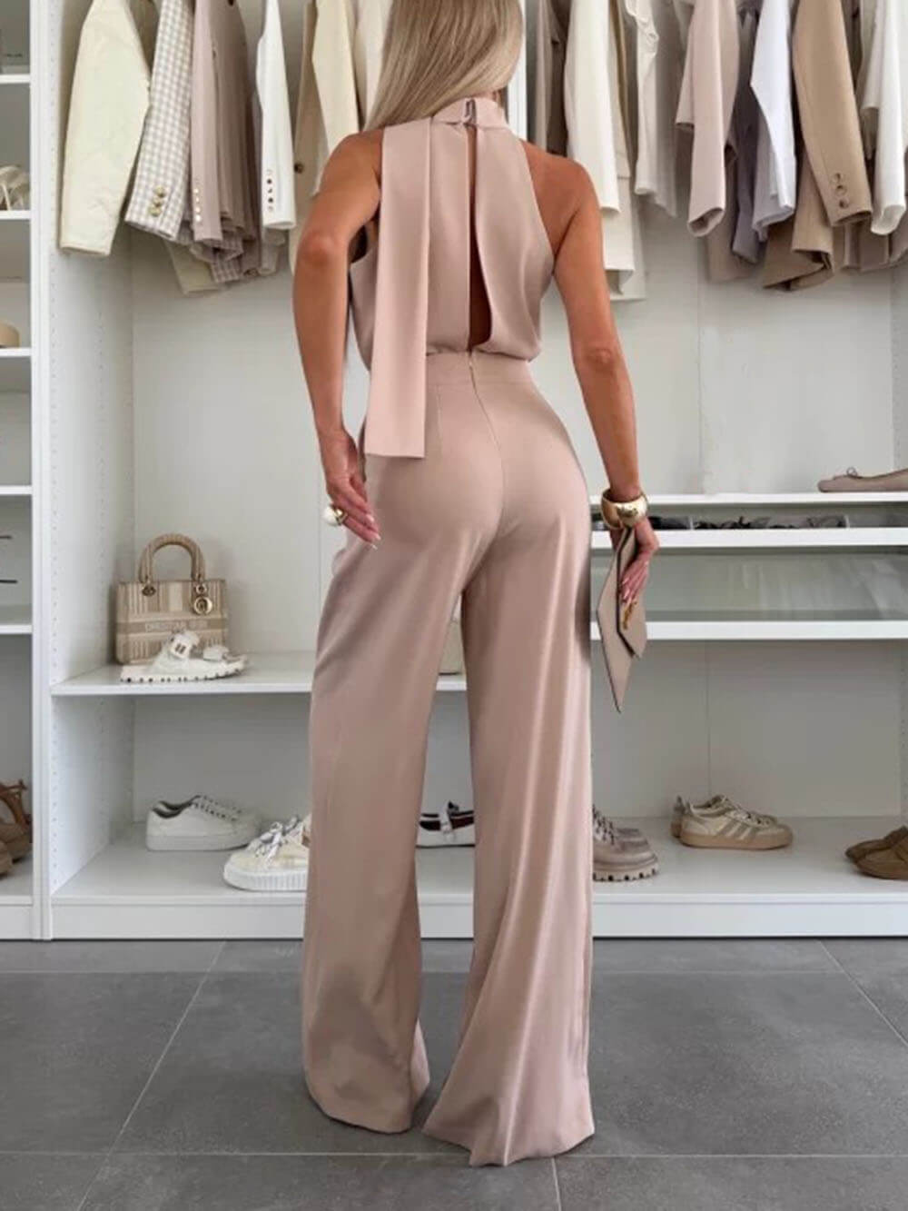 Combinaison élégante et raffinée, couleur unie, sans manches, taille haute, jambes larges