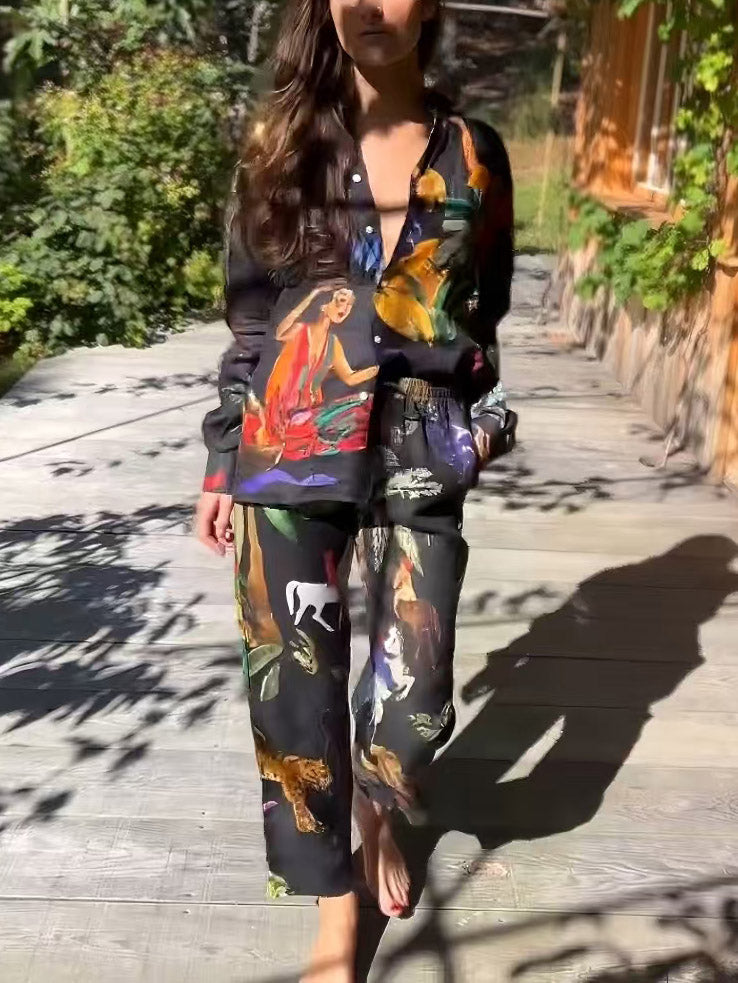 Unique Art Painted Floral Print Wide Leg Pants