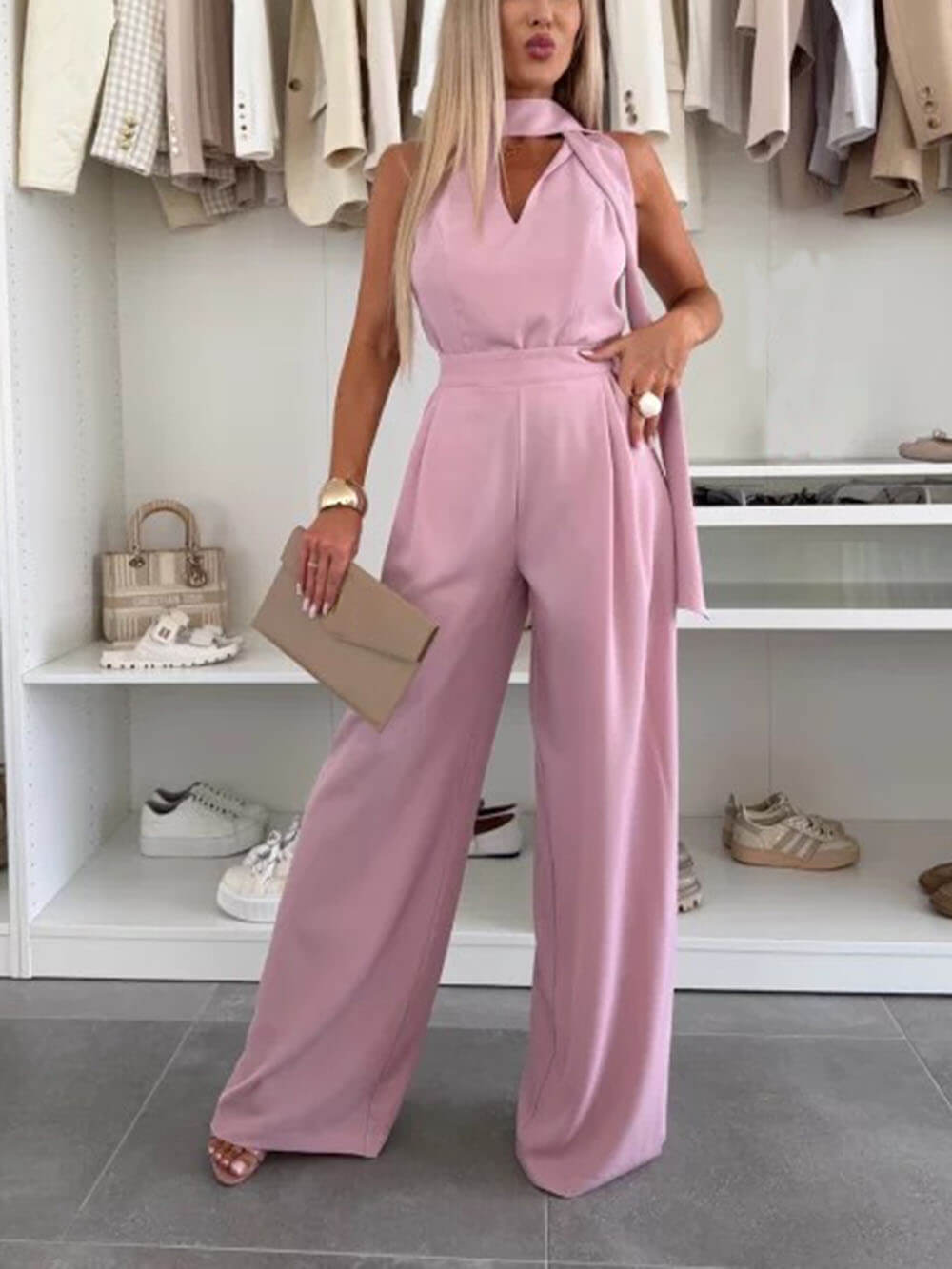 Combinaison élégante et raffinée, couleur unie, sans manches, taille haute, jambes larges