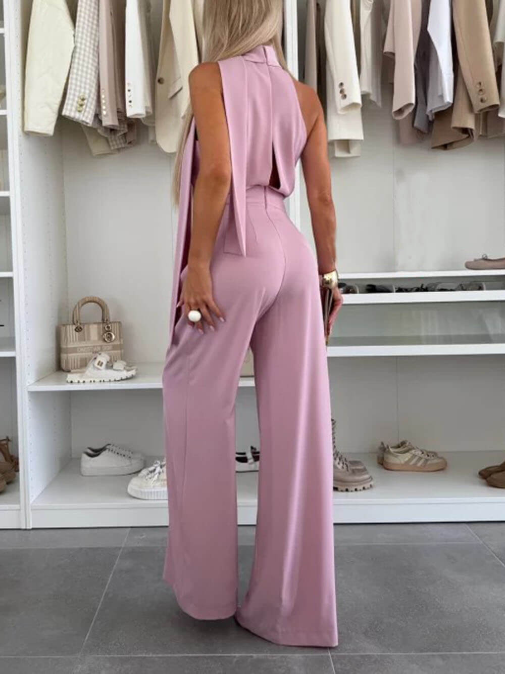 Combinaison élégante et raffinée, couleur unie, sans manches, taille haute, jambes larges