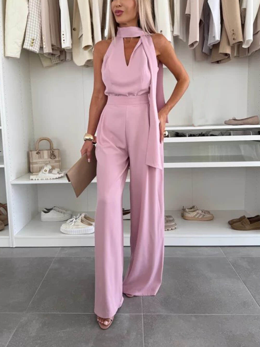 Combinaison élégante et raffinée, couleur unie, sans manches, taille haute, jambes larges