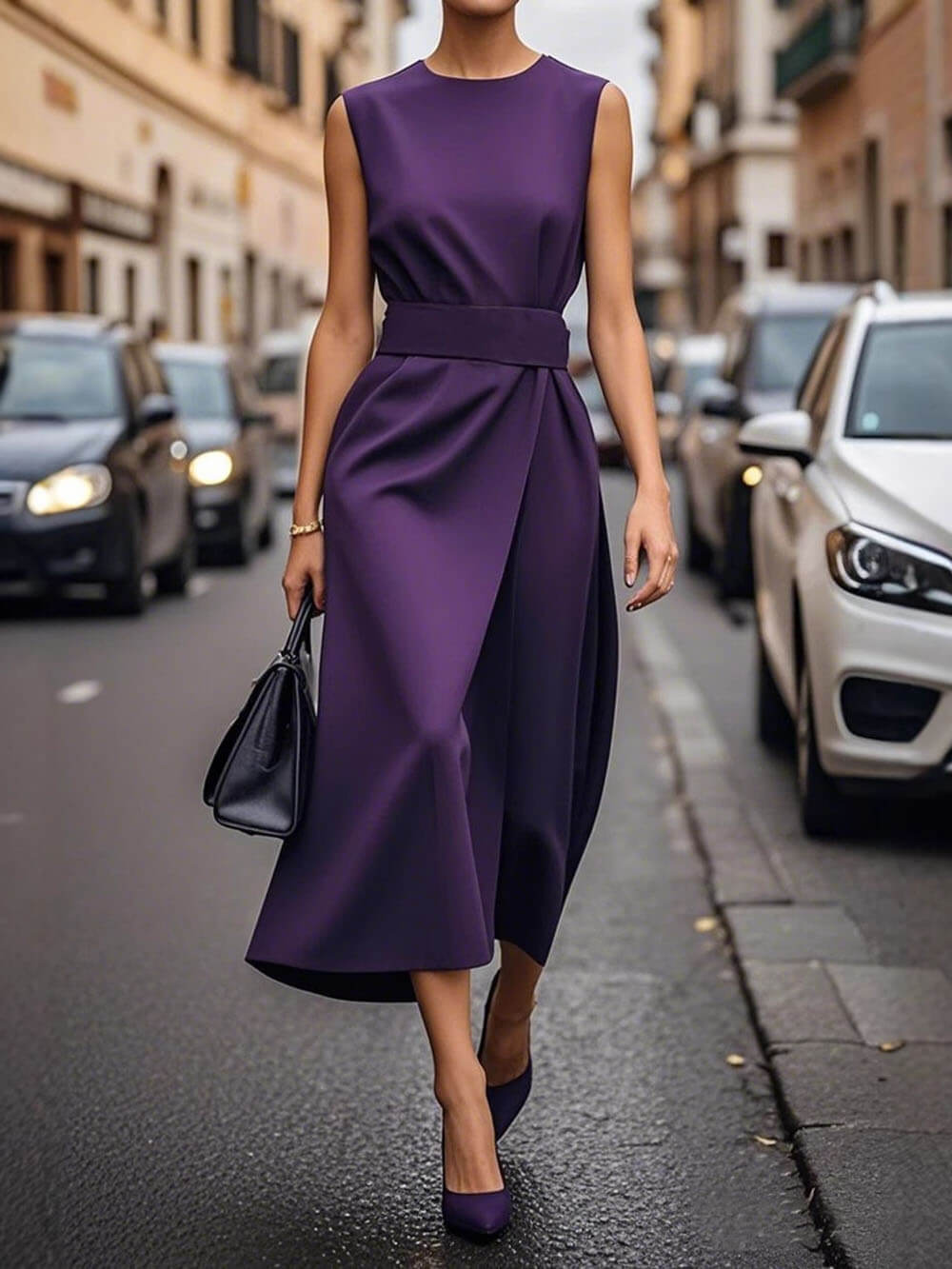 Robe mi-longue décontractée à plis élégants, couleur unie, sans manches, col rond