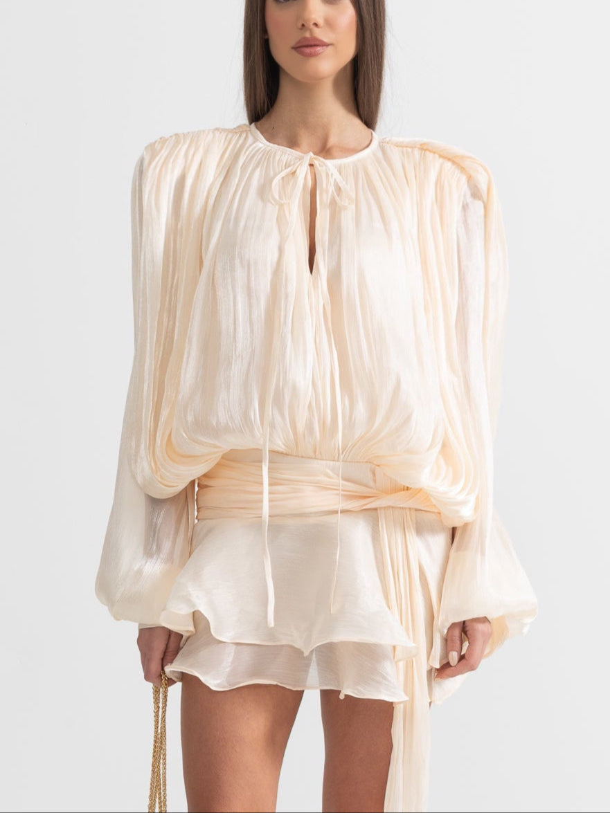 Ruffled Long Sleeved Mini Dress With Flowing Silhouette