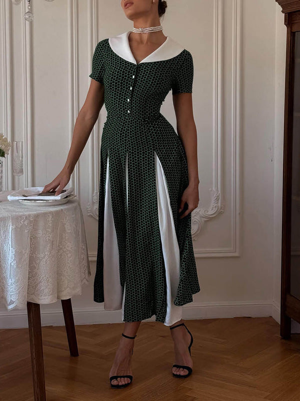Retro Contrast Collar A-line Midi Dress