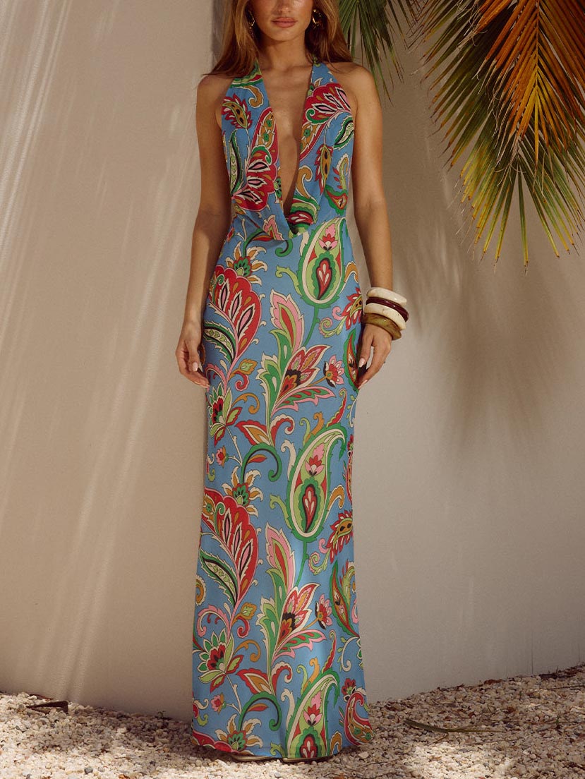 Robe longue élégante à imprimé cachemire et col drapé