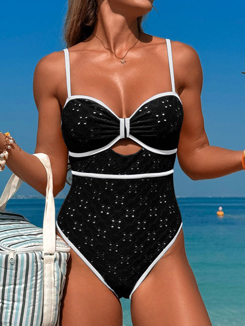 Maillot de bain une pièce plissé ajouré de couleur contrastée sexy