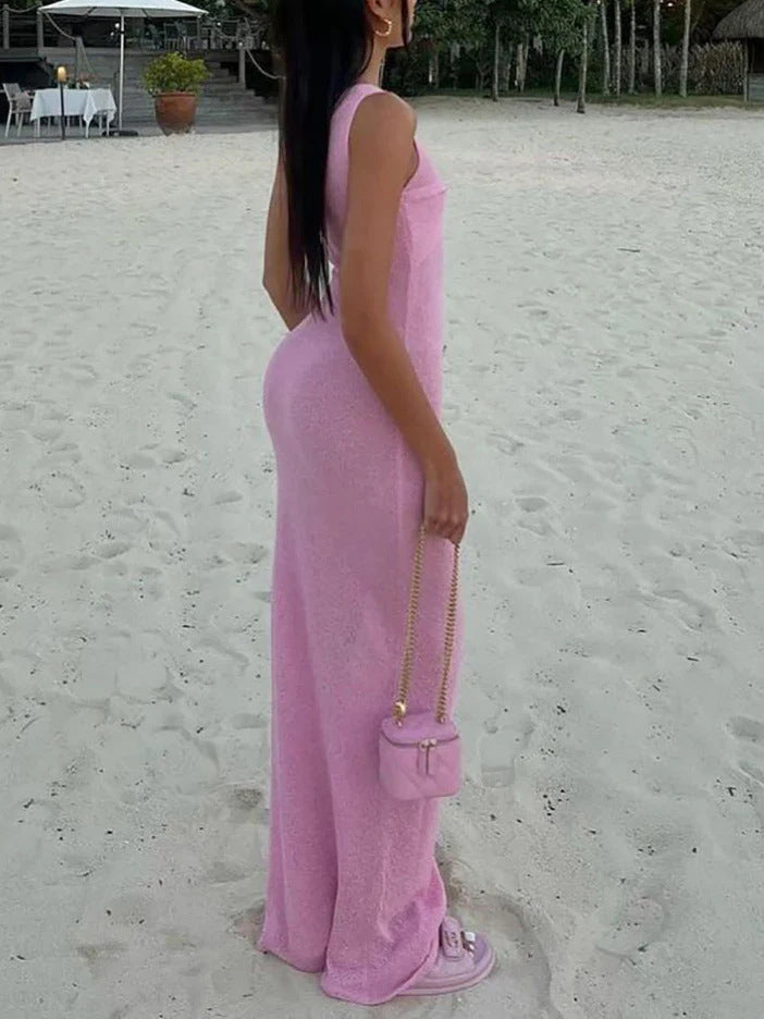 Robe longue de plage en tricot à col ras du cou tendance