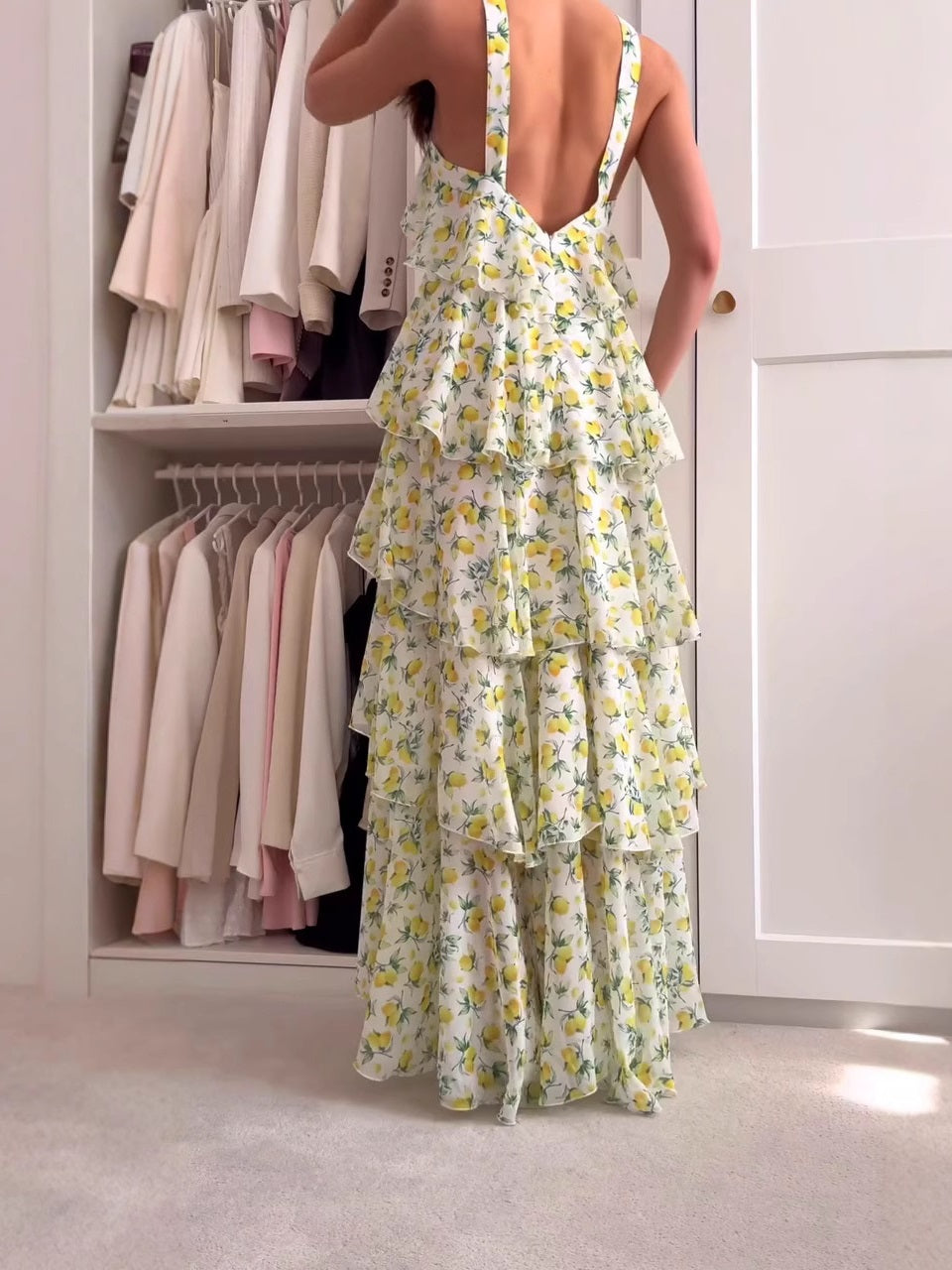 Robe longue à volants citron