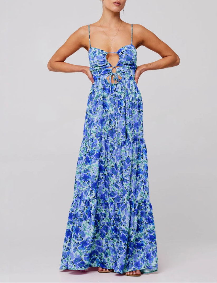 Sleeveless Spaghetti Strap Cross Tie-up Front Floral Print Midi Dress