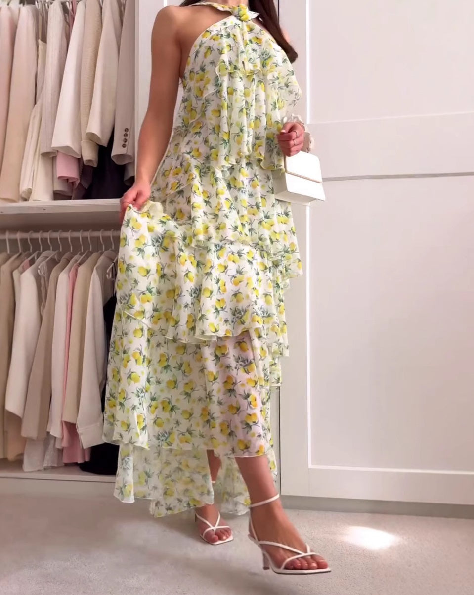Robe longue à volants citron