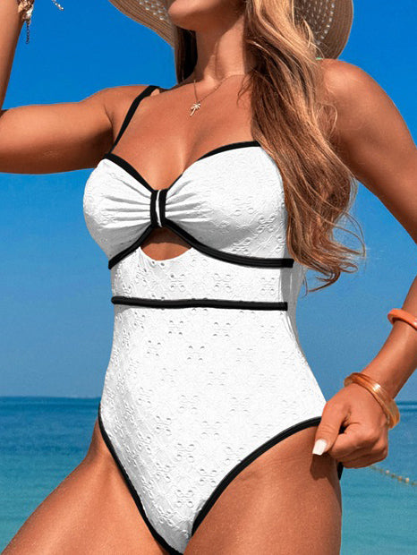 Maillot de bain une pièce plissé ajouré de couleur contrastée sexy