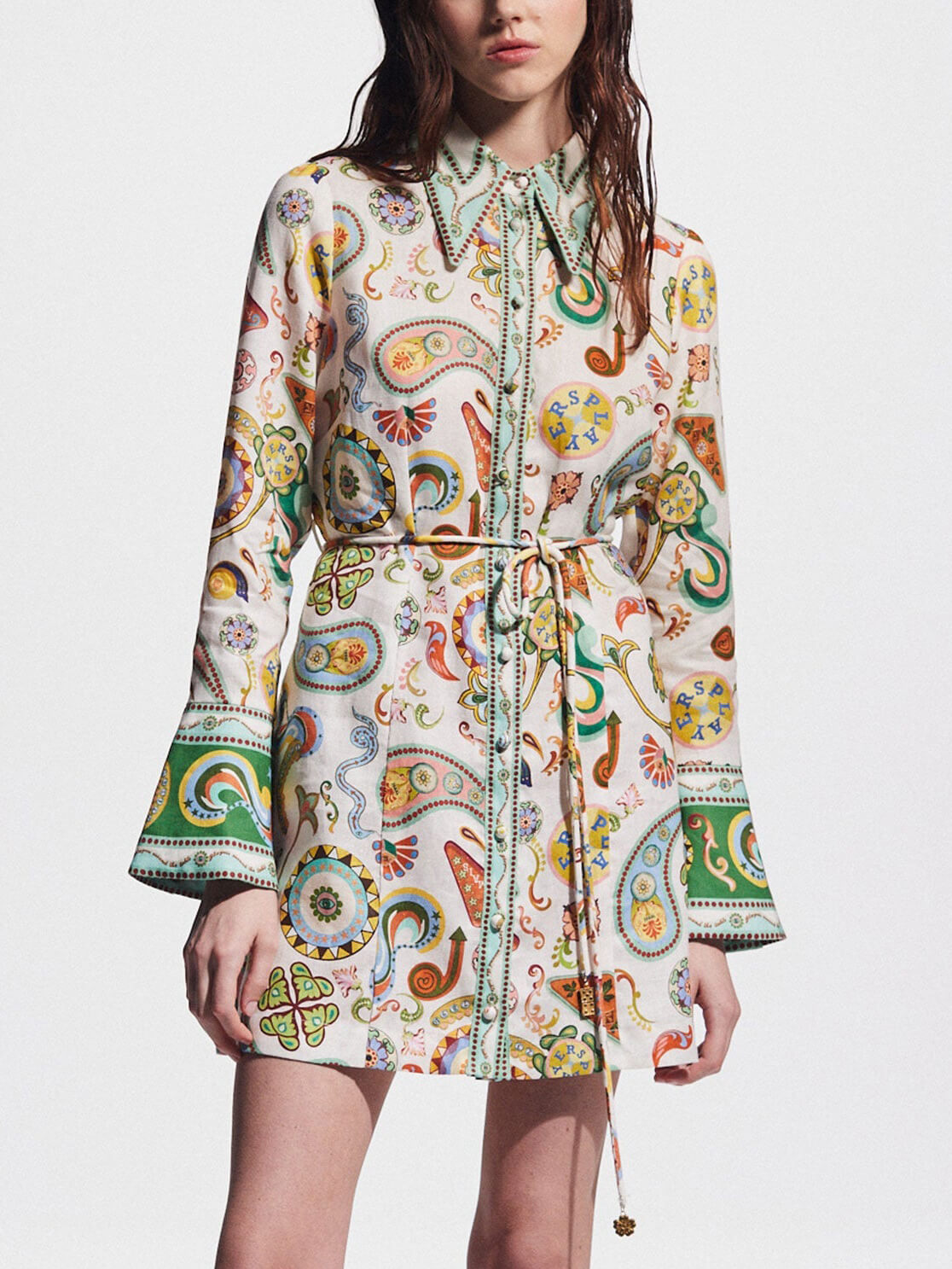 Mini-robe imprimée à manches trompette, exquise et tendance