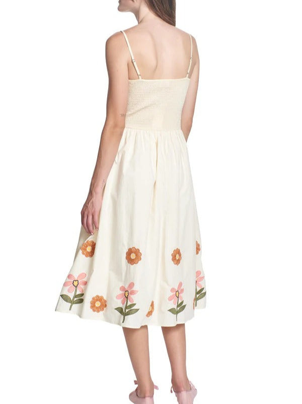 Embroidered Printed Suspenders Pleated Holiday Midi Dress